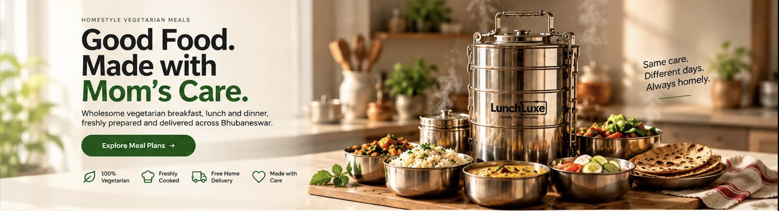 A LunchLuxe steel tiffin surrounded by bowls of rice, dal, sabzi and rotis